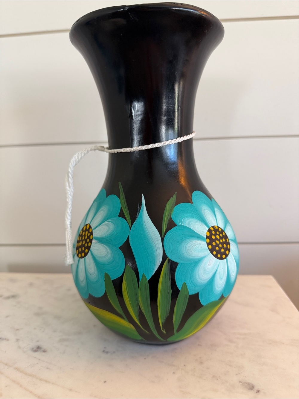 Hand-Painted Black Clay Vase Blue Flowers Oaxaca Mexico
